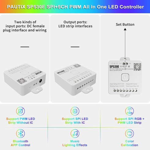 PAUTIX SP530E WiFi Alexa Bluetooth LED Controller, Supports PWM Monochrome CCT RGB RGBW RGBCCT, for LED Strip/Matrix