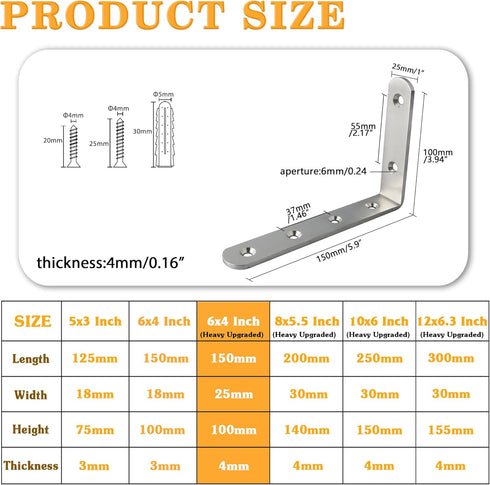 4mm Board,6X4 Inch 4 Alise Thick Shelf Brackets,Floating Shelves Bracket Heavy Duty L Brackets Corner Brace for Walls