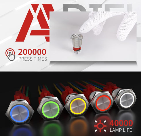 APIELE 16mm Latching Push Button Switch - 12V DC On Off Stainless Steel with LED Angel Eye Head