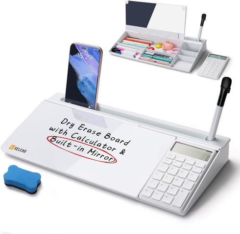 SELEAD Desktop Glass Whiteboard with Calculator & Built-in Mirror, Dry Erase White Board Computer Pad with Organizer