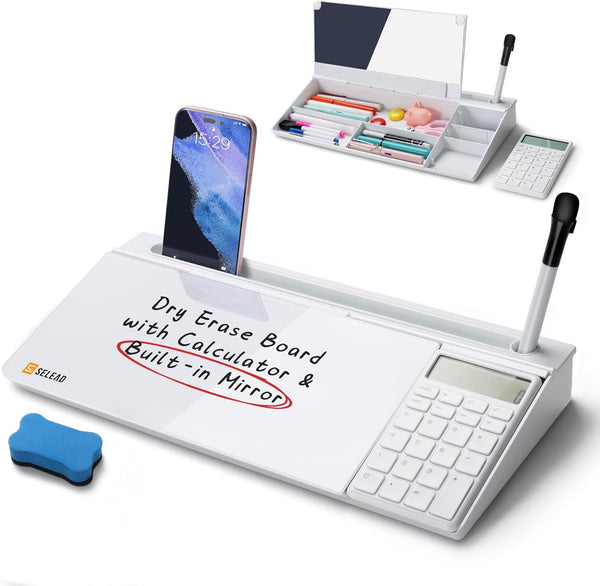 SELEAD Desktop Glass Whiteboard with Calculator & Built-in Mirror, Dry Erase White Board Computer Pad with Organizer