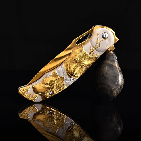 Pocket Knife for Men - Folding Knife with Clip & 3D TITANIUM PLATED WOLF Relief, Gold EDC Knife