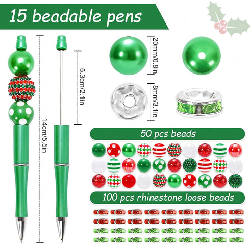 Whaline 15Pcs Christmas Beadable Pen Red Green Silver Bead Ballpoint Pen Gel Ink Pen with 50Pcs Colorful Beads 100Pcs Rhinestone Beads for Xmas DIY Crafts Office School Gifts Party Supplies by Whaline