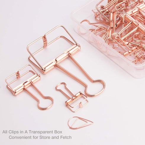 Rose Gold Wire Binder Clips and Cute Paper Clips Set, Assorted Sizes, 2 Large, 6 Medium, 10 Small Office Clamp Clips