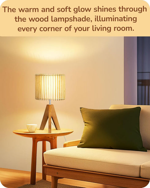 14.17" E26 EDISHINE Small Table Lamp, Wood Tripod Bedside Lamp, Natural Wood-Colored Hollow & White PVC Shade, Base