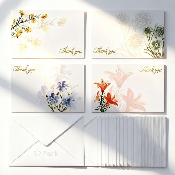 GORDEPENT Gold Foil Thank You Cards with Envelopes | 52 Pack, 3.5"x5" Floral