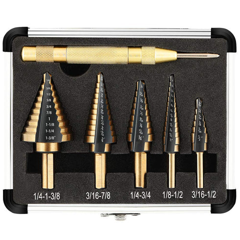 COMOWARE Step Drill Bit Set & Automatic Center Punch - Black and Gold, High Speed Steel, Set of 5 pcs