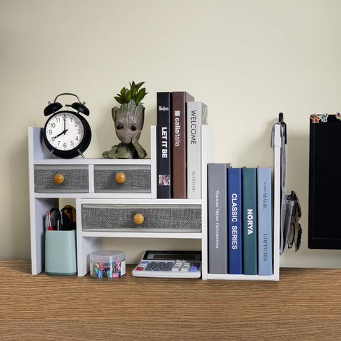 X-cosrack Wood Expandable Desktop Bookshelf, Adjustable Storage Organizer with Drawers for Office Supplies, Makeup,
