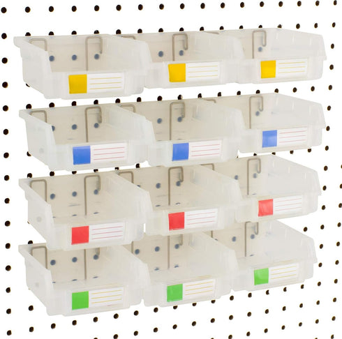 Pegboard Bins - 12 Pack Clear - Hooks to Any Peg Board