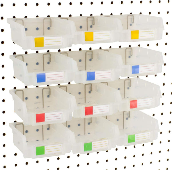 Pegboard Bins - 12 Pack Clear - Hooks to Any Peg Board