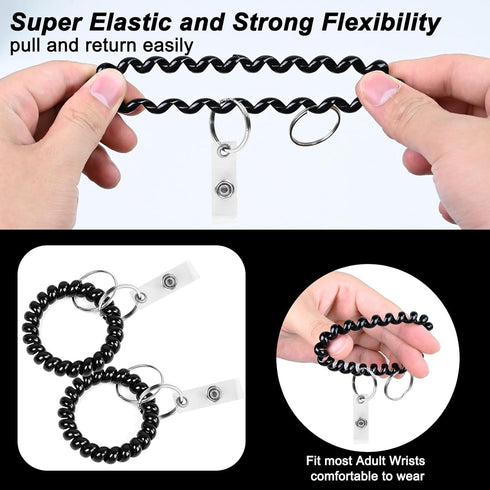 Wrist Coil ID Badge Holder with Card Strap & Key Ring, Plastic Stretchable Spring Wristband Keychain