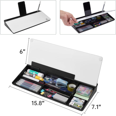 Small Glass Desktop Whiteboard Dry-Erase Board - Computer Keyboard Stand with Drawer, Desk Organizers