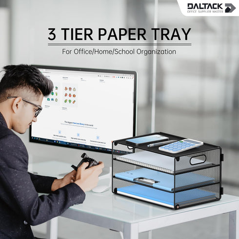 DALTACK 3 Tier Letter Tray Paper Organizer with Handle, Mesh Desk File Organizer for School, Office, Black