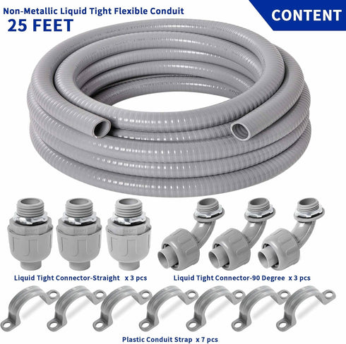 Yariwiz Flexible Electrical Conduit Kit (3/4" Dia * 25 Feet) with 3 PCS Coupling, 3 PCS Elbow, 7 PCS Strap, Liquid