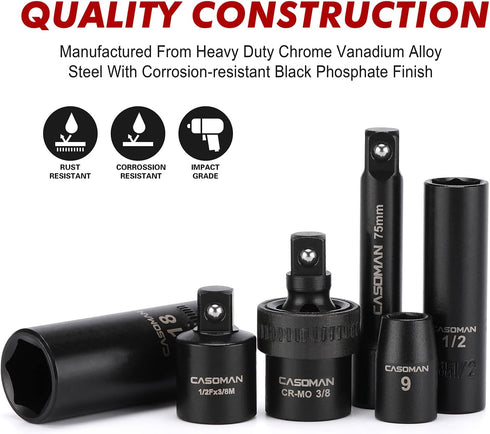 3/8" Set, 49 (5/16-Inch 3/4-Inch 8-22 mm), 6 Set CASOMAN Drive Impact Socket Piece Standard SAE and Metric Sizes
