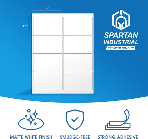 Spartan Industrial Printable Labels - 4" x 2.5" White Labels, 500 Sheets, 4000 Total for Shipping & Product Labeling