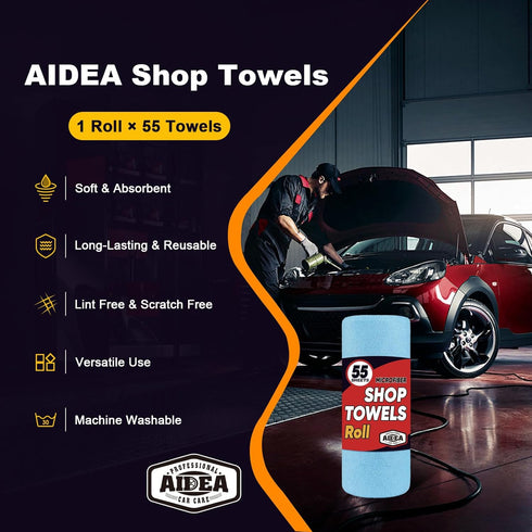 AIDEA Shop Towels, 55 Sheets Blue Microfiber Cleaning Cloth, Washable for Automotive, Kitchen