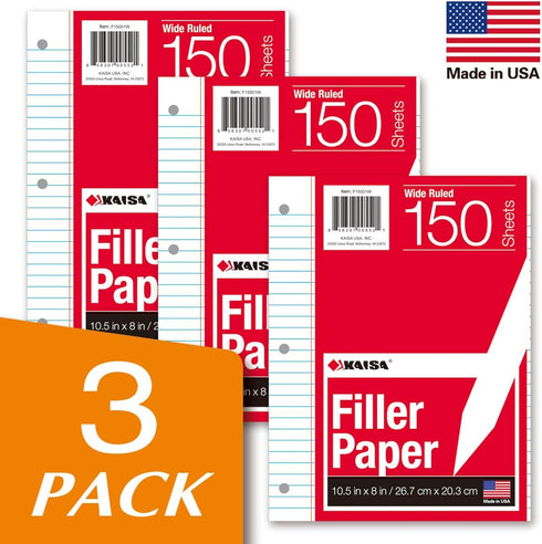 KAISA Filler Paper Loose Leaf Paper, Wide Ruled, 8"x10-1/2", 3-Hole Punched Binder Paper, 150 Sheets/pack, 3Pack