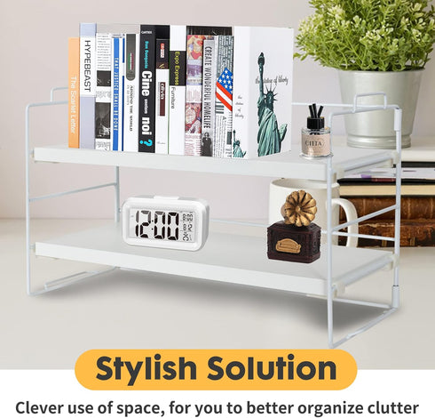 PowerKing 2-Tier Desk Shelf Organizer, Adjustable Bookshelf Storage Rack for Home Office, White Frame + White Wood