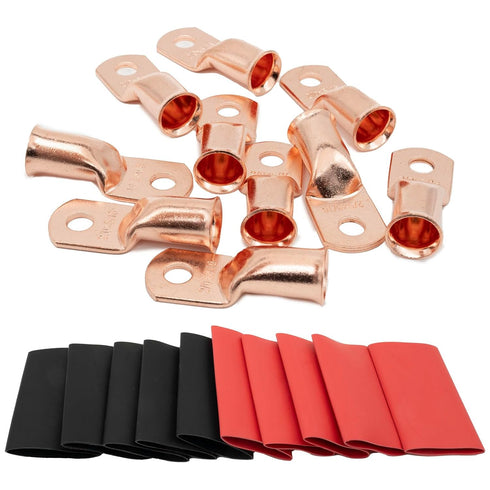 10PCS 2/0 AWG-5/16" Wire Lugs, Battery Cable Lugs, Copper Terminal Connectors, Marine Grade with Heat Shrink Tubing
