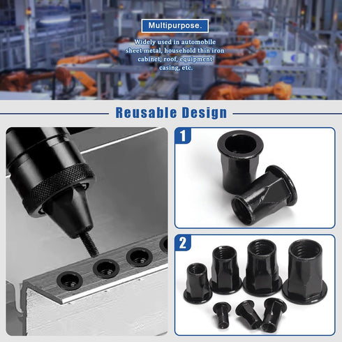 Glarks 250pcs Set M3 M4 M5 M6 M8 M10 M12 Thread Half Hexagonal Rivet Nuts Black Zinc Plated Carbon Steel Flat Head