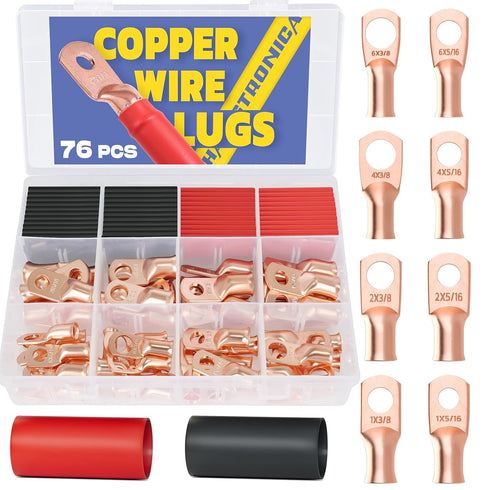 Haisstronica 76PCS Copper Wire Lugs with Heat Shrink Tube Kit, Heavy Duty Battery Connectors