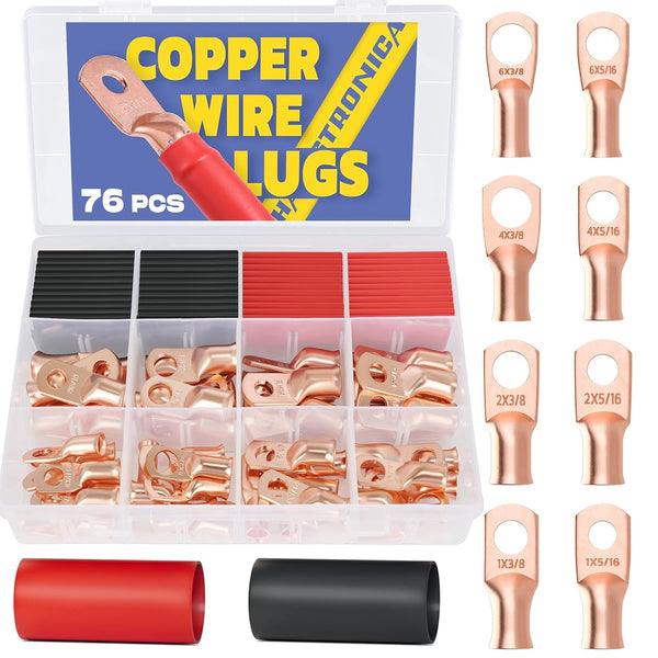 Haisstronica 76PCS Copper Wire Lugs with Heat Shrink Tube Kit, Heavy Duty Battery Connectors
