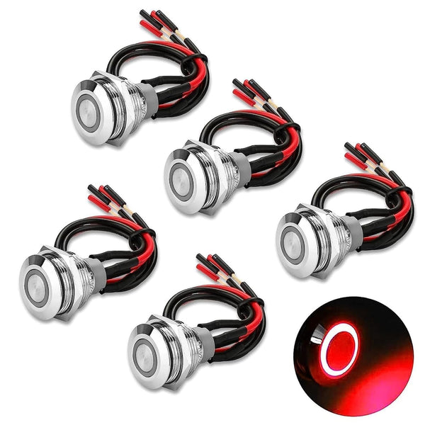 Linkstyle 19mm Latching Push Button Switch, 12V Metal Self Locking SPST ON-Off with Wiring Harness & Red Light (5Pcs)
