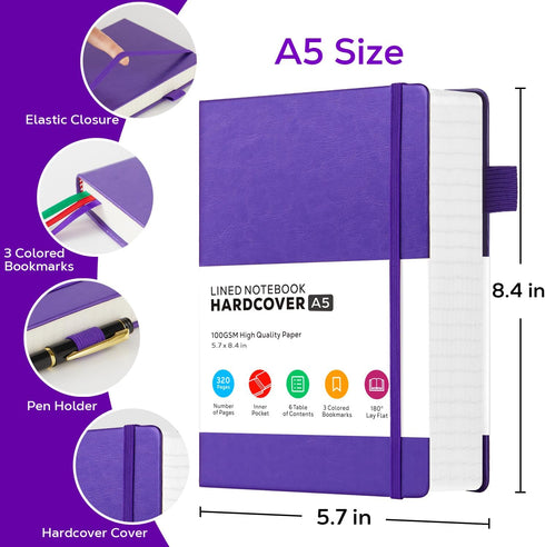 Lined Journal Notebook, 320 Pages Leather Hardcover Thick A5 College Ruled Thick Classic with Pen Loop, for Writing Women Men Office Work, 5.7'' X 8.4'', Pearlescent Purple by FOCUS DAY
