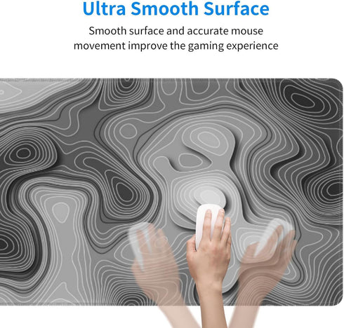 XL Grey White 3D Topographic Map Mouse Pad - Non-Slip Rubber Base Gaming Mouse Pad for Home Office Work
