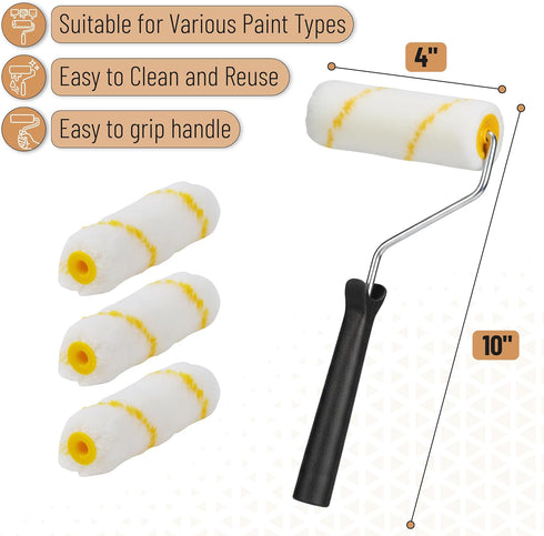 4 Inch 8 1x 1x 4", 3X 4", 2X 2", 1x Bates- Paint Roller Kit, pcs, Plastic Paint Tray, Roller Frame Microfiber Covers