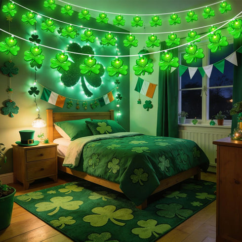 20LED 12Ft 20 St Patrick's Day Decorations Lights, Clear Green Shamrock String Lights Outdoor Waterproof with LED Lucky