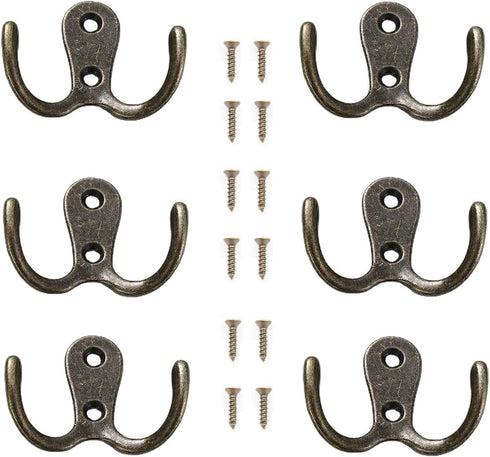 6 Pcs Double Prong Robe Hooks, Wall Mounted Dual Coat Hooks for Bathroom Bedroom Door, Retro Metal Hanger