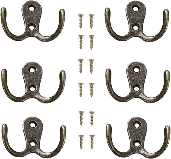 6 Pcs Double Prong Robe Hooks, Wall Mounted Dual Coat Hooks for Bathroom Bedroom Door, Retro Metal Hanger
