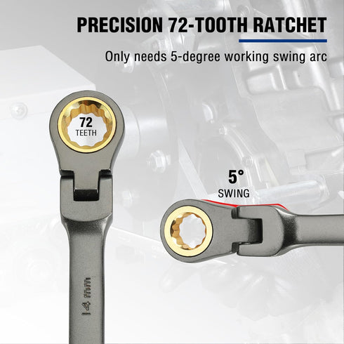 WORKPRO 14 mm Flex-Head Ratcheting Combination Wrench, 72-Teeth, Cr-V Constructed with Nickel Plating