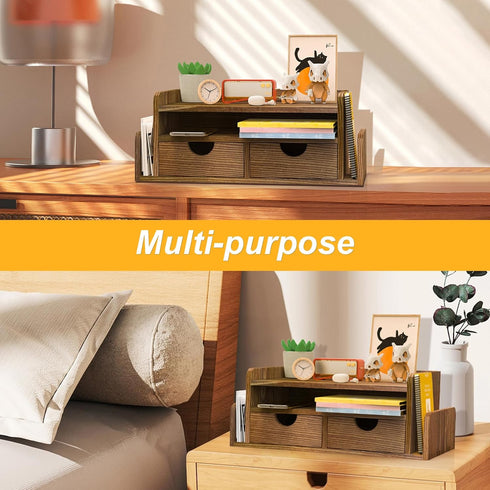 HZE Wooden Desk Organizer with Drawers, Rustic 3-Tier Desktop Organizer, Desktop Drawers with 2 Side Mail Sorting Slots