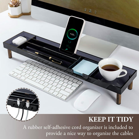 MyGift Modern Desktop Organizer Tray, Premium Translucent Dark Gray Acrylic and Solid Wood Over Keyboard Office Desk