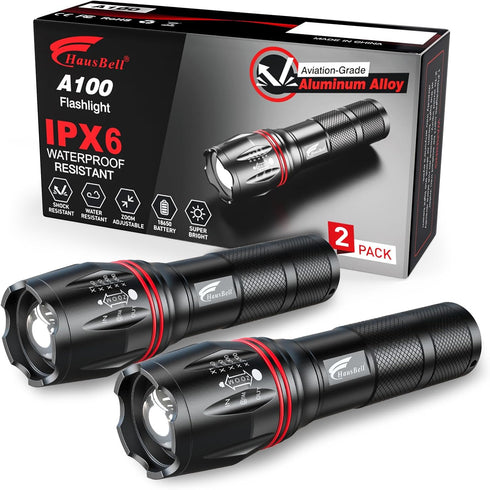 HAUSBELL LED A100 Flashlight Bright, Zoomable Tactical Flashlights with 2000 High Lumens and Five Modes for Emergency