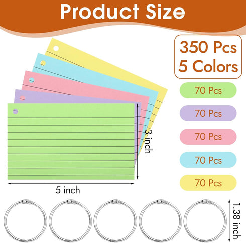 WINKIO 350 3x5 Inches (5 Pcs Index Cards With Ring, Flash Cards With RingsColored Heavy Notecards With Ring, Punched