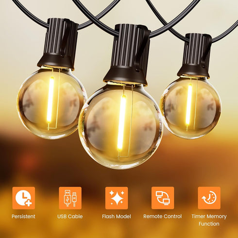 30FT 17 G40 Bulbs, 2200K Dimmable OHLUX Solar String Lights Outdoor, Waterproof Solar Patio Lights with Remote