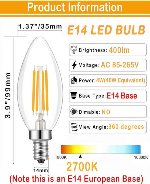 E14 Base LED Filament Candle Shape Light Bulb,E14 European Base Bulb,Warm White 2700K 400LM 40W Equivalent,C35 Clear Glass Torpedo Shape Bullet Top,No-Dimmable (4-Pack) by Lamsky