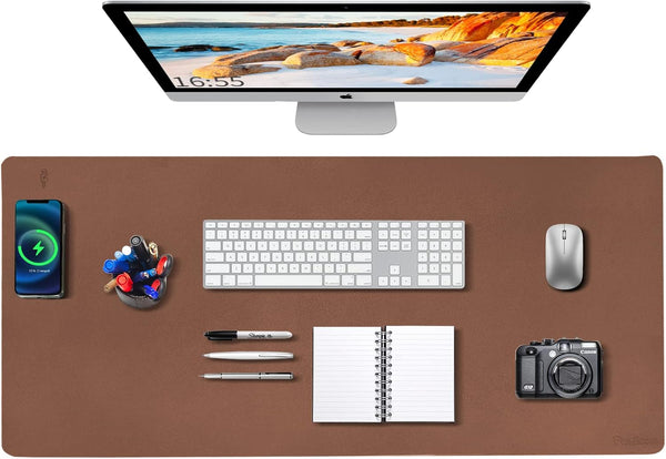 Desk Mat with Wireless Charging, Large Mouse Pad 32x16, Waterproof Black Leather Computer Mat, Non-Slip Protector for