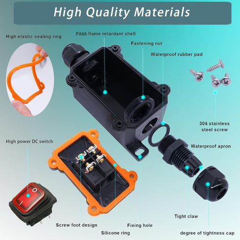 IP67 Waterproof Inline Cord Switch DPST AC 20A-125V, 16A-250V, On Off Toggle Switch with Red Light Rocker Button