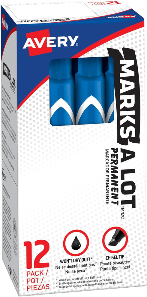 Avery Marks-A-Lot Permanent Markers, Large Desk-Style Size, 12 Blue Markers, Chisel Tip, Water and Wear Resistant