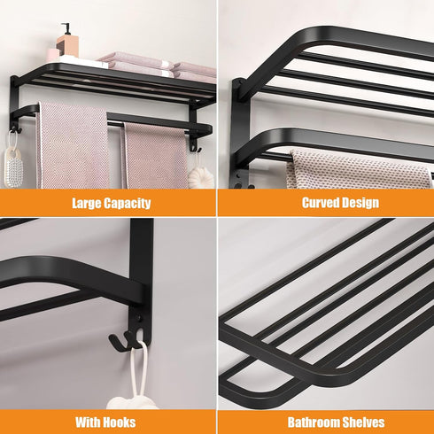 15 Inch DDS-DUDES Black Towel Racks for Bathroom Towel Shelf with Double Towel Bars Lavatory Wall Mount Holder
