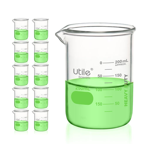 10pcs Heavy Duty Glass Beakers, 250ml (8.5oz), Borosilicate 3.3 Glass with Double Scaled Graduation