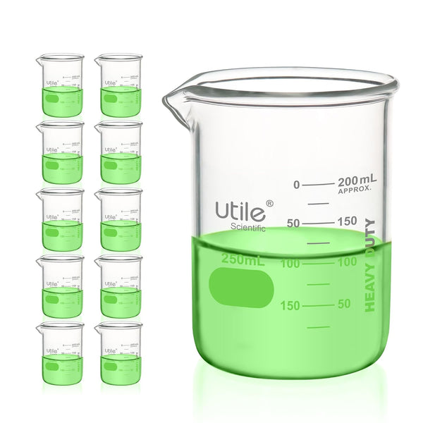 10pcs Heavy Duty Glass Beakers, 250ml (8.5oz), Borosilicate 3.3 Glass with Double Scaled Graduation