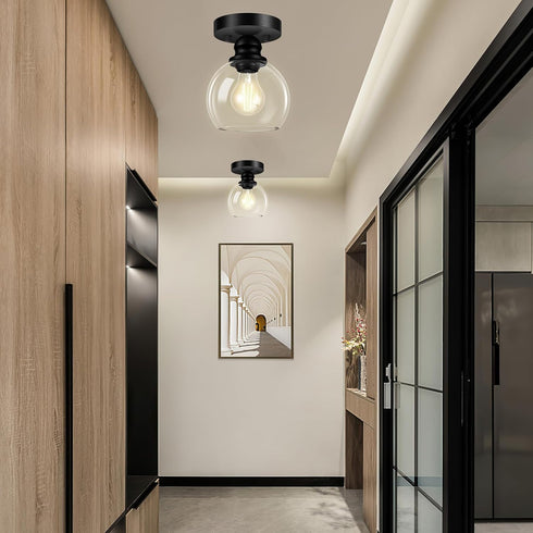 5.91 Inch Closet (E26 Bulb) Industrial Semi Flush Mount Ceiling Light, Clear Glass Ceiling Lamp Shade, Matte Black