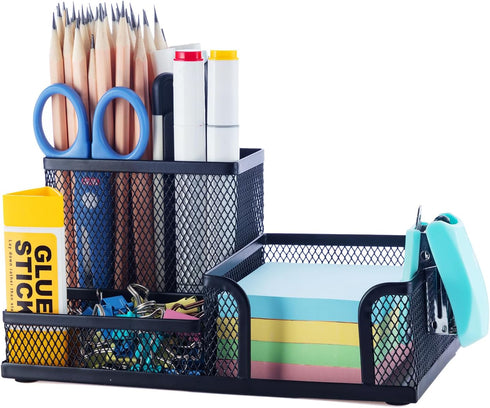M&G Mesh Pen Holder Desk Organizer, Black, 3 Compartments, Metal Office Supply with Sticky Notes Holder