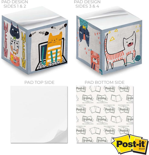 Whimsical Cats Sticky Note Cube, 600 Sheets, 2.75" Memo Block Printed on 4 Sides, Different Feline Design On Each Side
